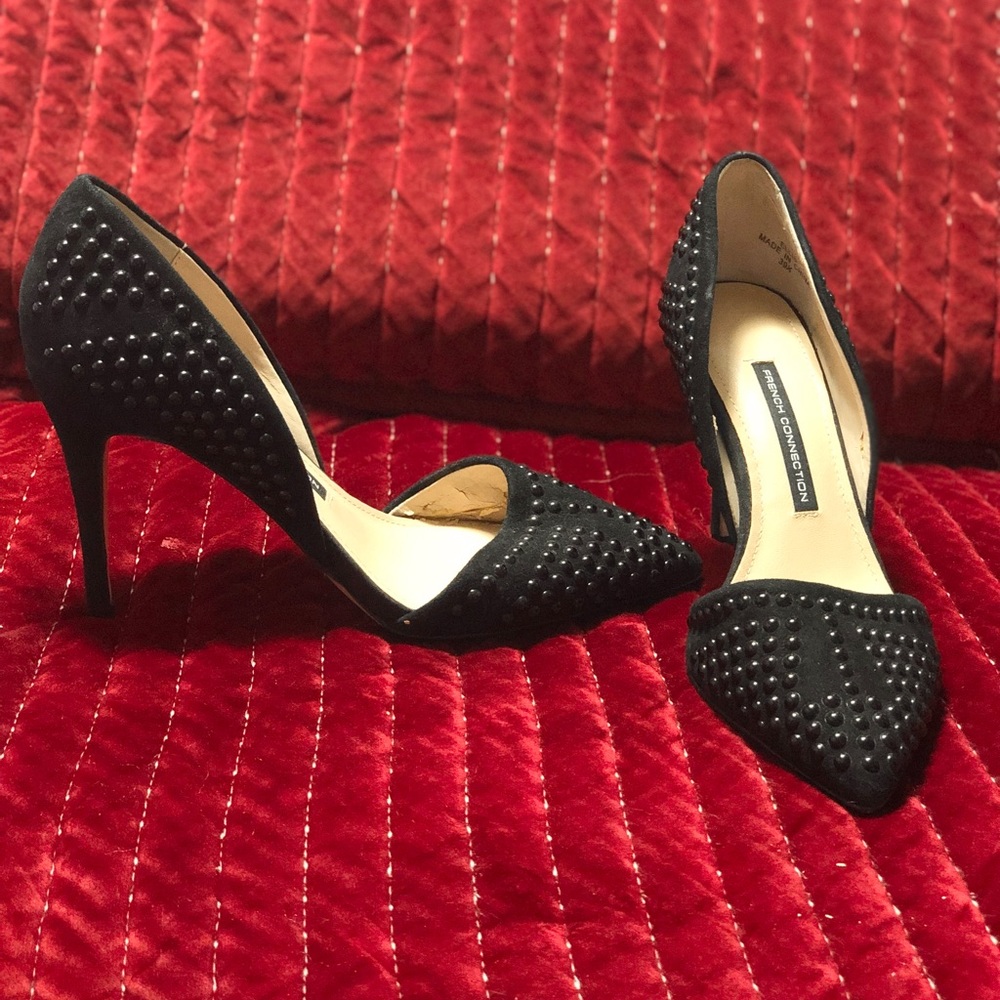 French Connection Black Studded Vegan Leather Heels Pumps Size 9 1/2